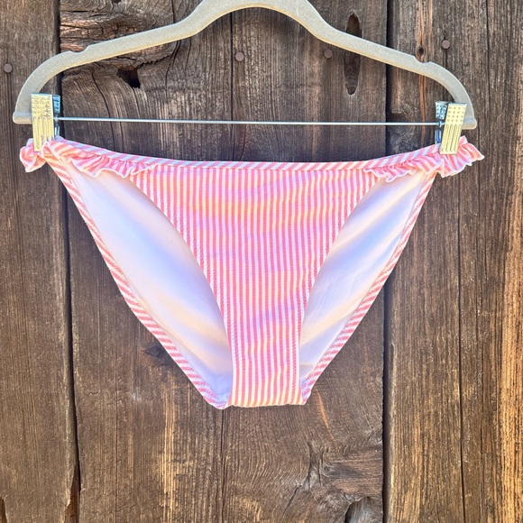 NWOT Aerie Seersucker Light Pink & White Stripe Ruffle Bikini Swimsuit Bottoms - Picture 8 of 11
